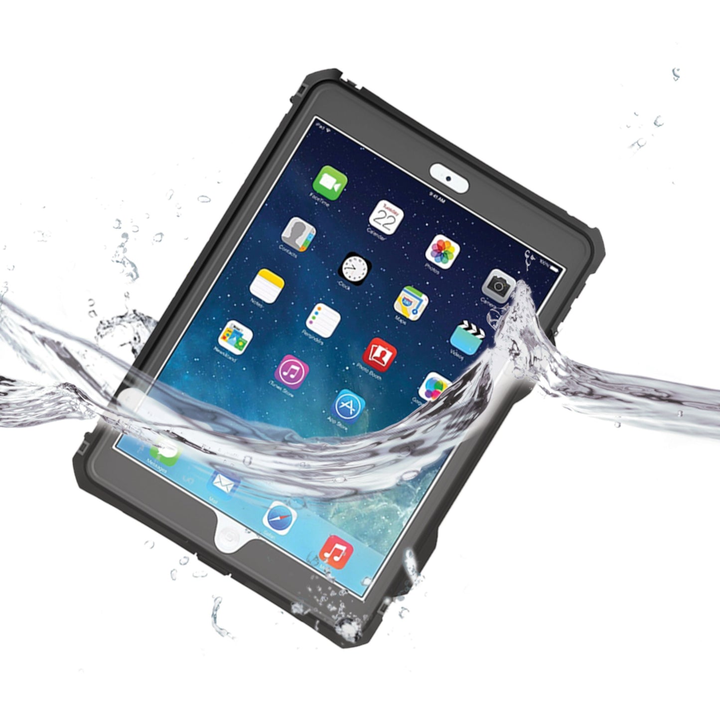 IPad 10,2" i vandtæt etui med vandsprøjt, skærm viser flere appikoner.