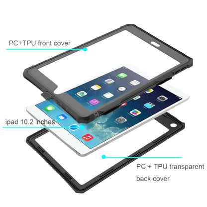Armor-X vandtæt etui til iPad 10,2 vist i tre lag: klar PC+TPU front, iPad, transparent bagside, X-mount-kompatibel.