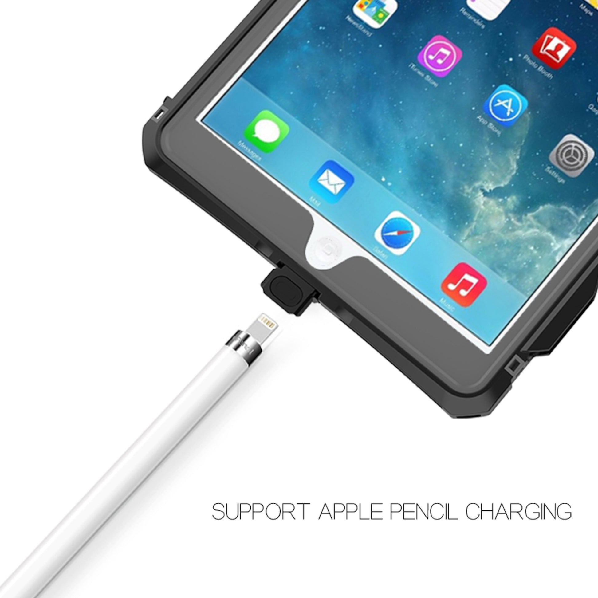 Armor-X vandtæt etui til iPad 10,2" med Apple Pencil til opladning, tekst: UNDERSTØTTER OPLADNING AF APPLE PENCIL.