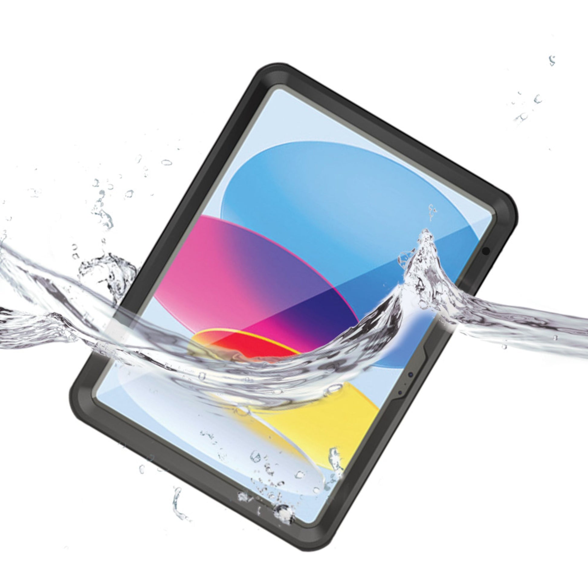 IPad 10,9" i vandtæt etui med vandstænk over skærmen viser etuiets vandbeskyttelse.