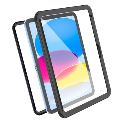Armor-X vandtæt etui til iPad 10,9" vist i to dele ved siden af tablet, samlingsdetaljer synlige.