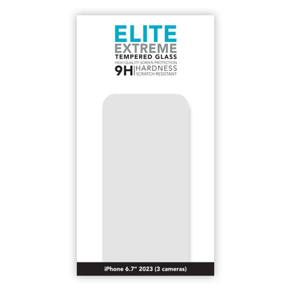 Linocell Elite Extreme skærmbeskyttelse i hærdet glas 9H til iPhone 15 Pro Max, boblefri, passer til 3-kamera model.