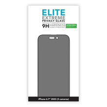 Linocell Elite Extreme Privacy Glass skærmbeskytter til iPhone 15 Pro Max, ridsefast 9H hærdet glas, outline vises.