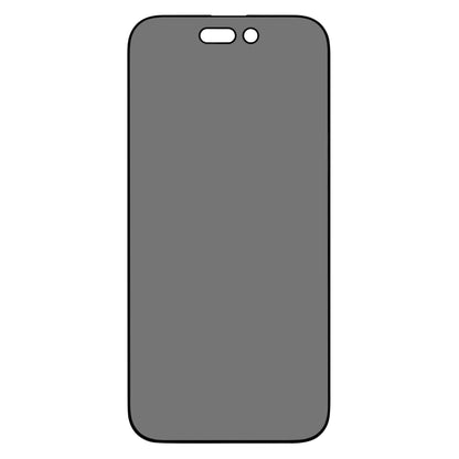 IPhone 15 Pro Max med Linocell Elite Extreme Privacy Glass skærmbeskytter, grå skærm, udskæring til knap og kamera.