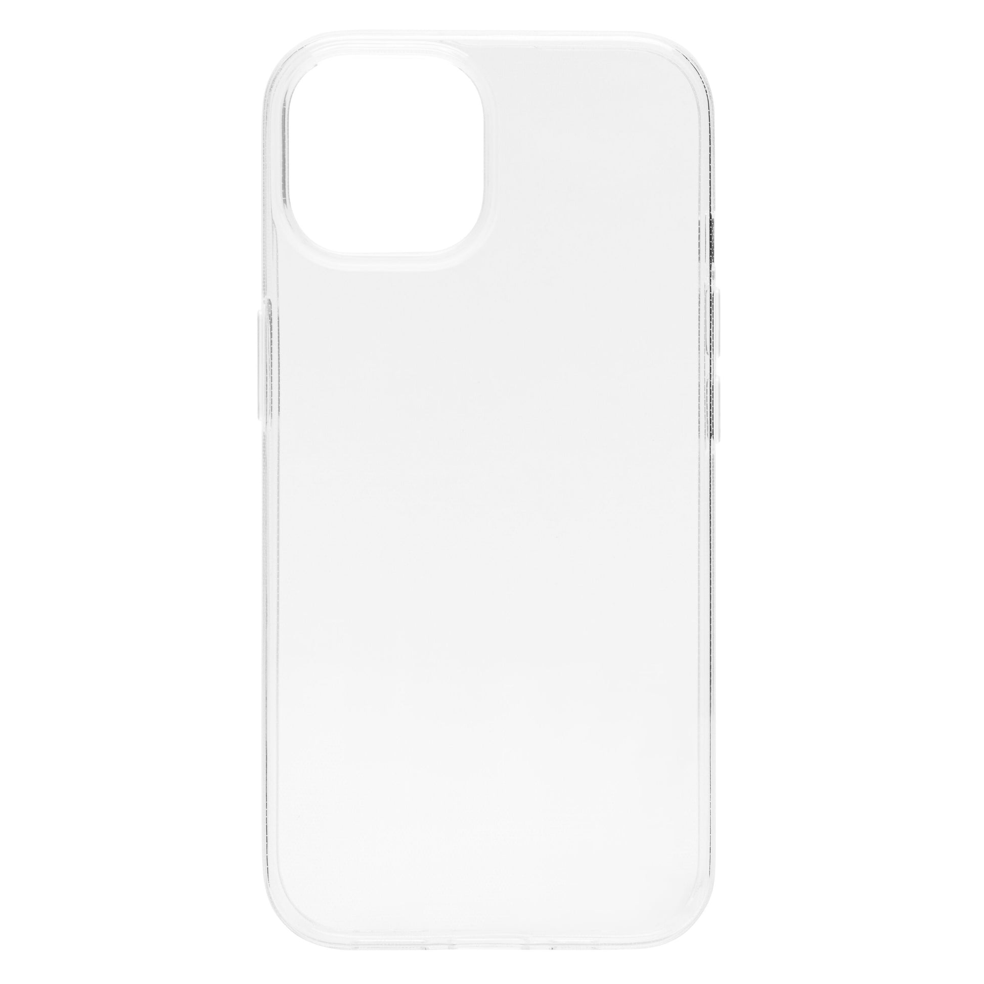 Second Skin cover til iPhone 15 Klar transparent med udskæringer til kamera og knapper, passer præcist til iPhone 15.