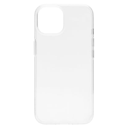 Second Skin cover til iPhone 15 Klar transparent med udskæringer til kamera og knapper, passer præcist til iPhone 15.