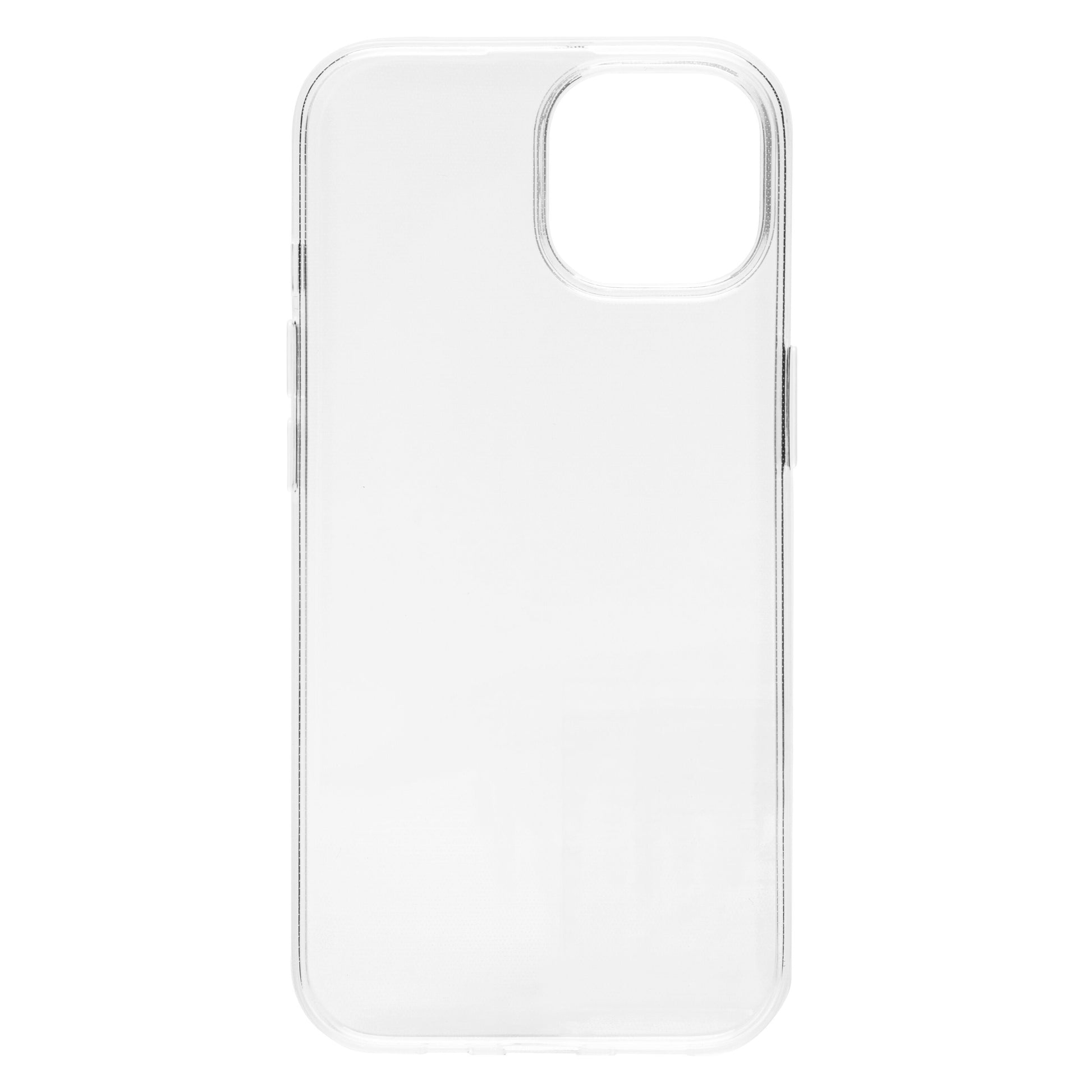Second Skin cover til iPhone 15 klar med afrundede kanter og stort rektangulært kamerahul øverst til venstre.