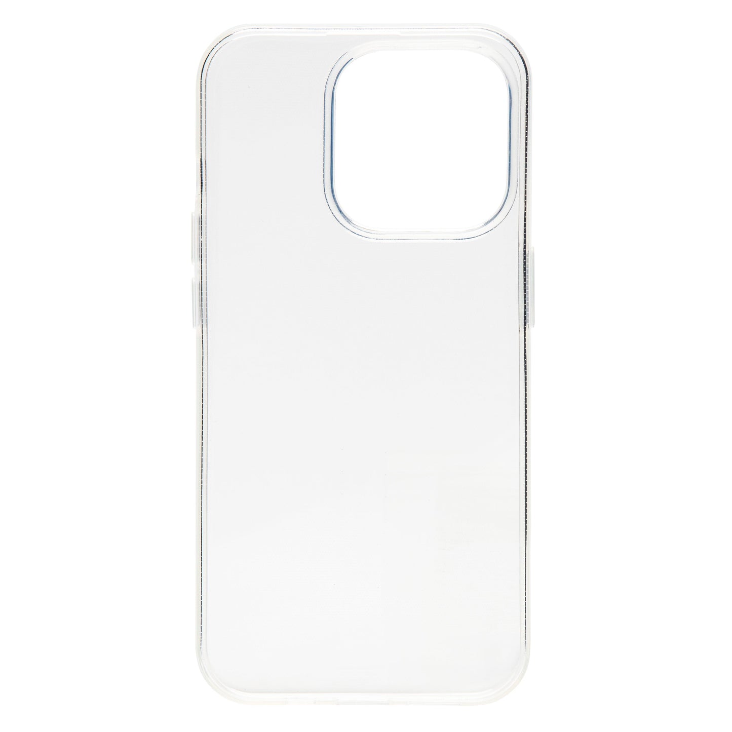 Transparent ultratyndt cover til iPhone 15 Pro, afrundede hjørner, stor rektangulær kameracutout.