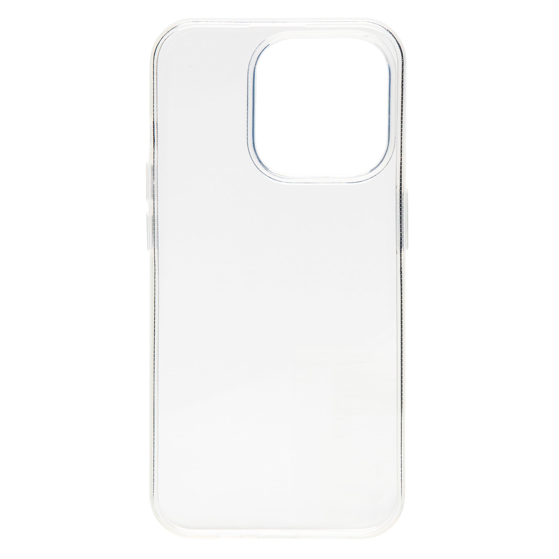 Transparent ultratyndt cover til iPhone 15 Pro, afrundede hjørner, stor rektangulær kameracutout.