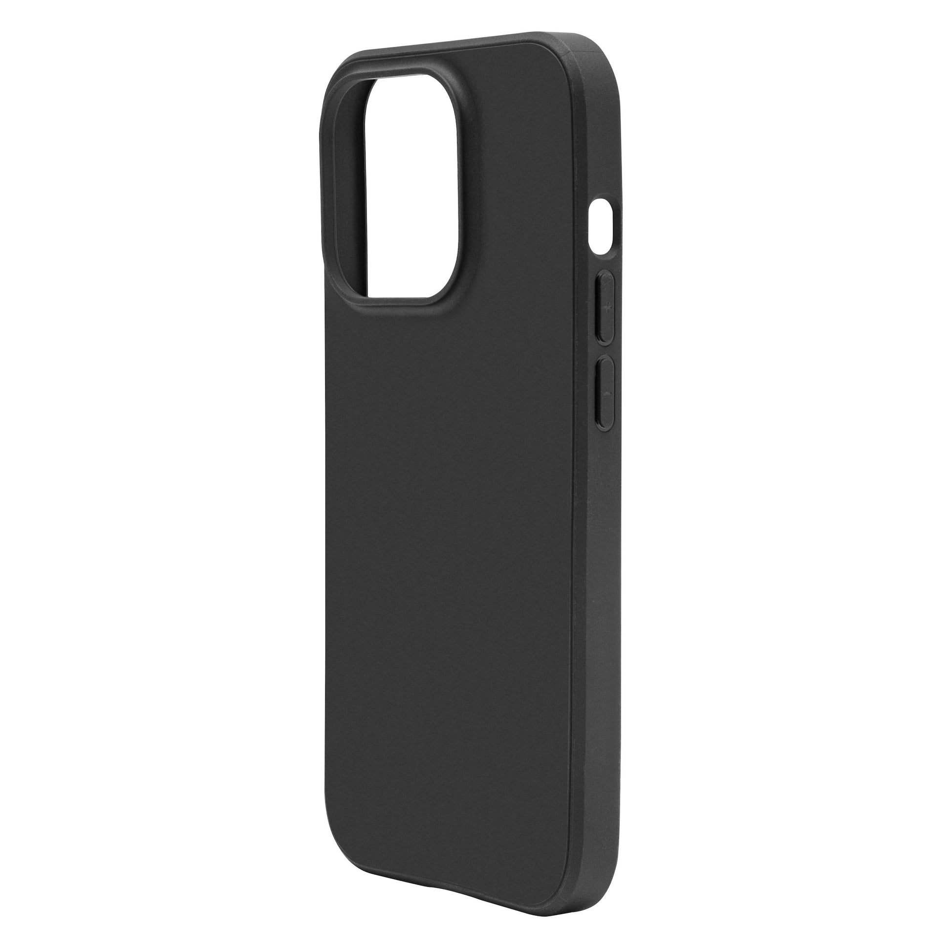 Second Skin cover til iPhone 15 Pro sort med kameralinseudskæring, sideknapper, mat overflade og antibakteriel belægning.