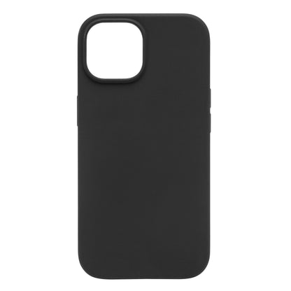 Silikonecover til iPhone 15 sort med kamerahul øverst til venstre, glatte kanter, antibakteriel overflade uden logo.