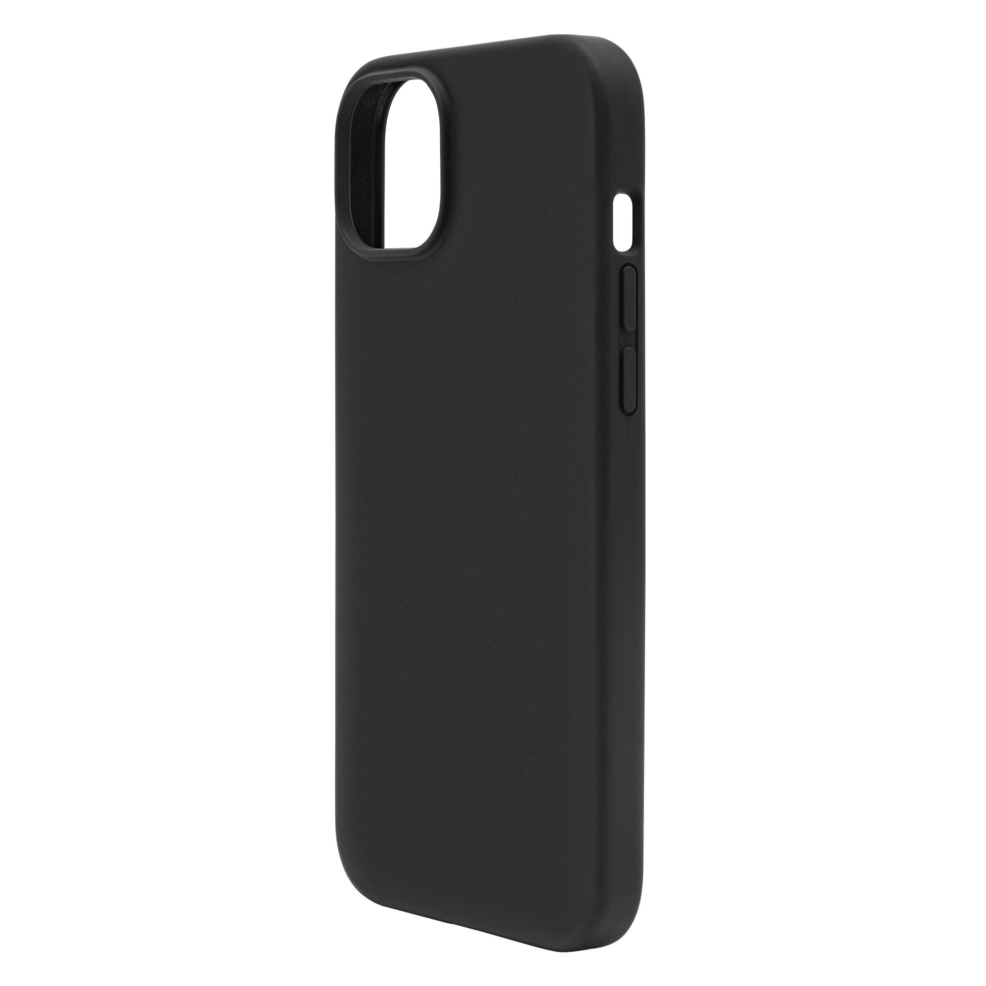 Sort gummiovertræk til iPhone 15 Plus med mat overflade, kamerabeskyttelse, knapdækning og antibakteriel belægning.