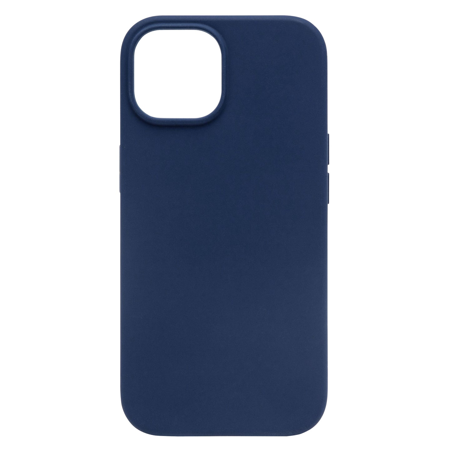 IPhone 15 silikonecover blå, taskevisning med store kvadratiske kameraklip øverst til venstre.