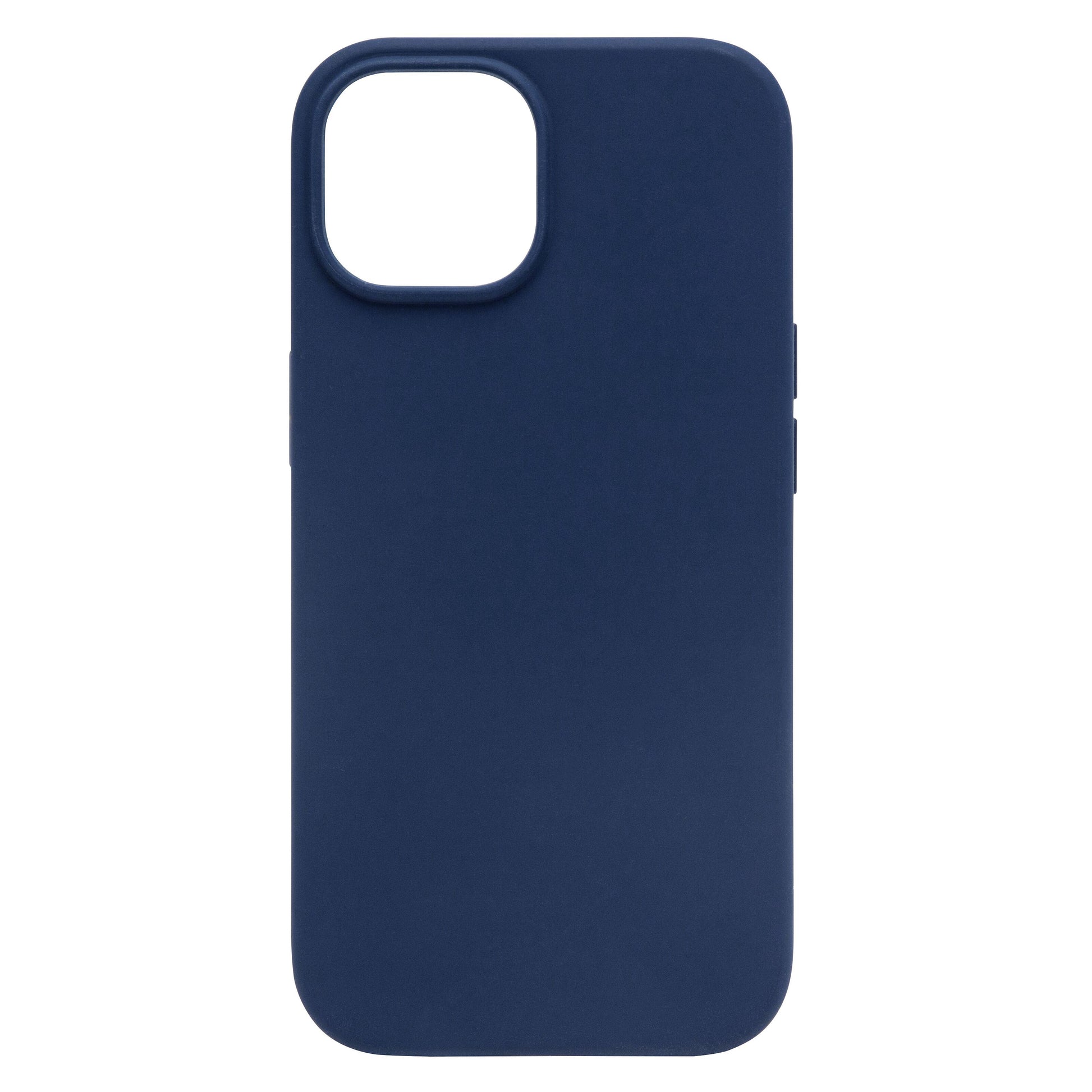 IPhone 15 silikonecover blå, taskevisning med store kvadratiske kameraklip øverst til venstre.