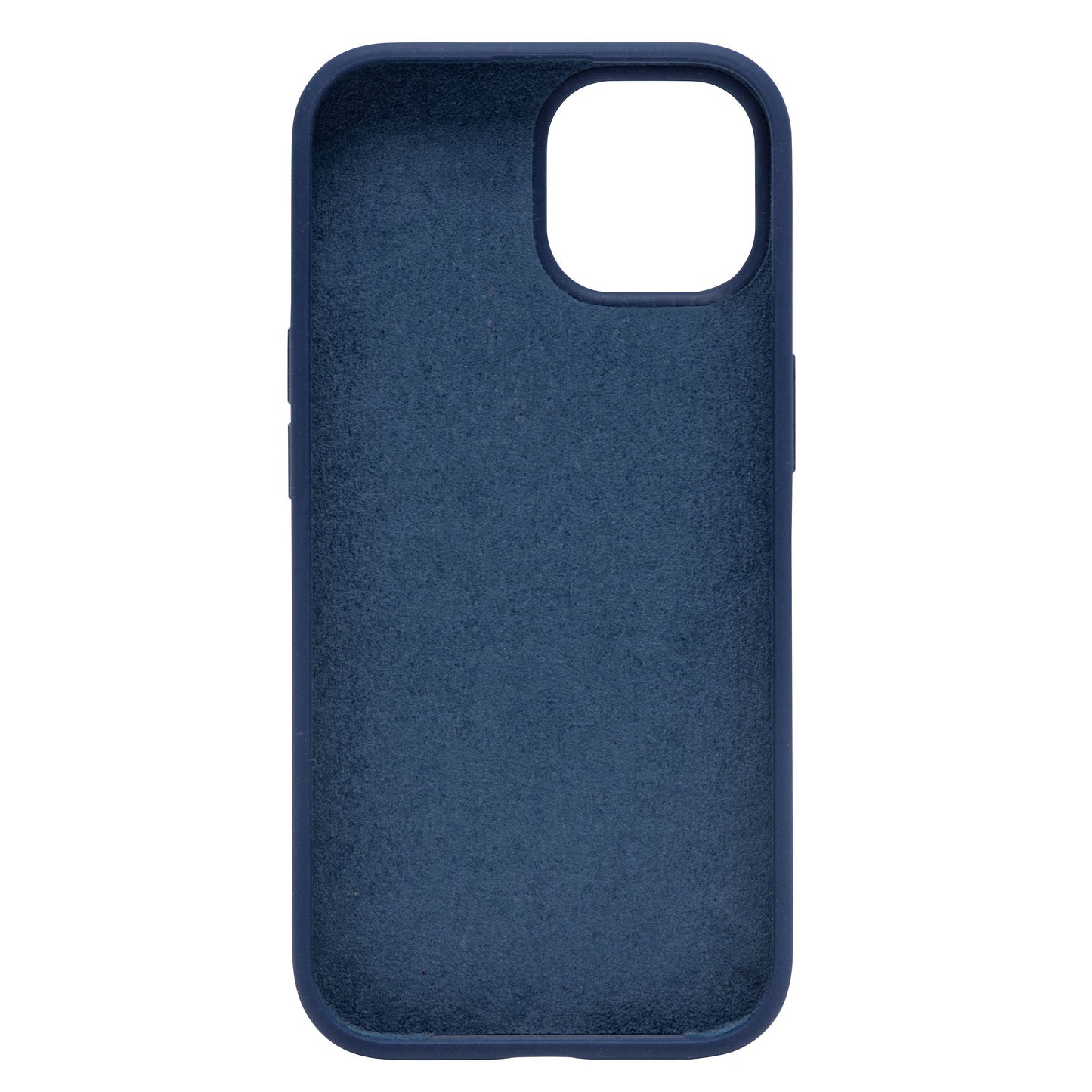 Linocell silikonecover til iPhone 15 blå, set bagfra med kamerahul øverst til venstre og blødt indvendigt for.