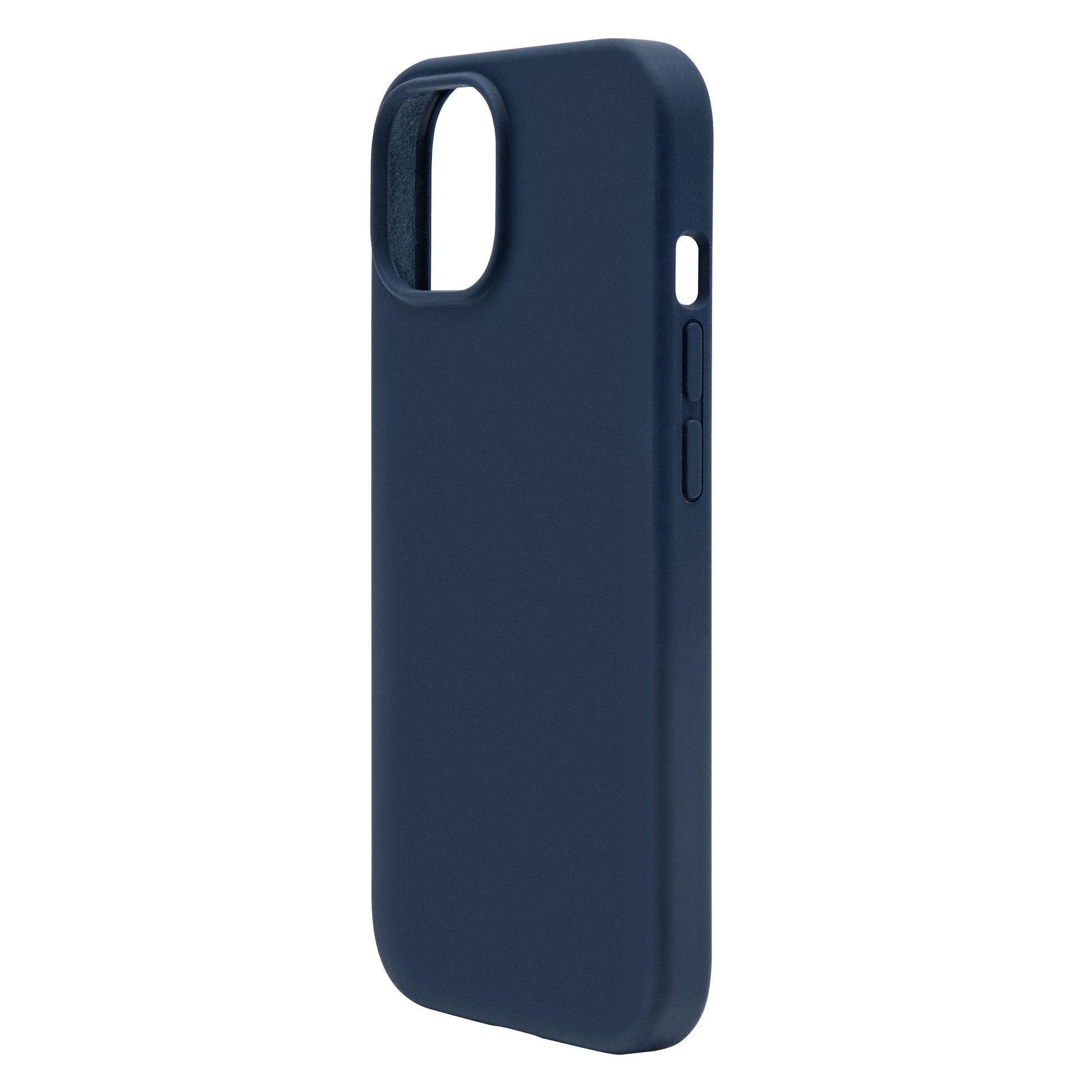 Silikonecover til iPhone 15 blå med præcise udskæringer til kamera, knapper og mute-knap, ses fra vinkel.