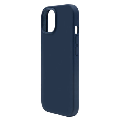 Silikonecover til iPhone 15 blå med præcise udskæringer til kamera, knapper og mute-knap, ses fra vinkel.
