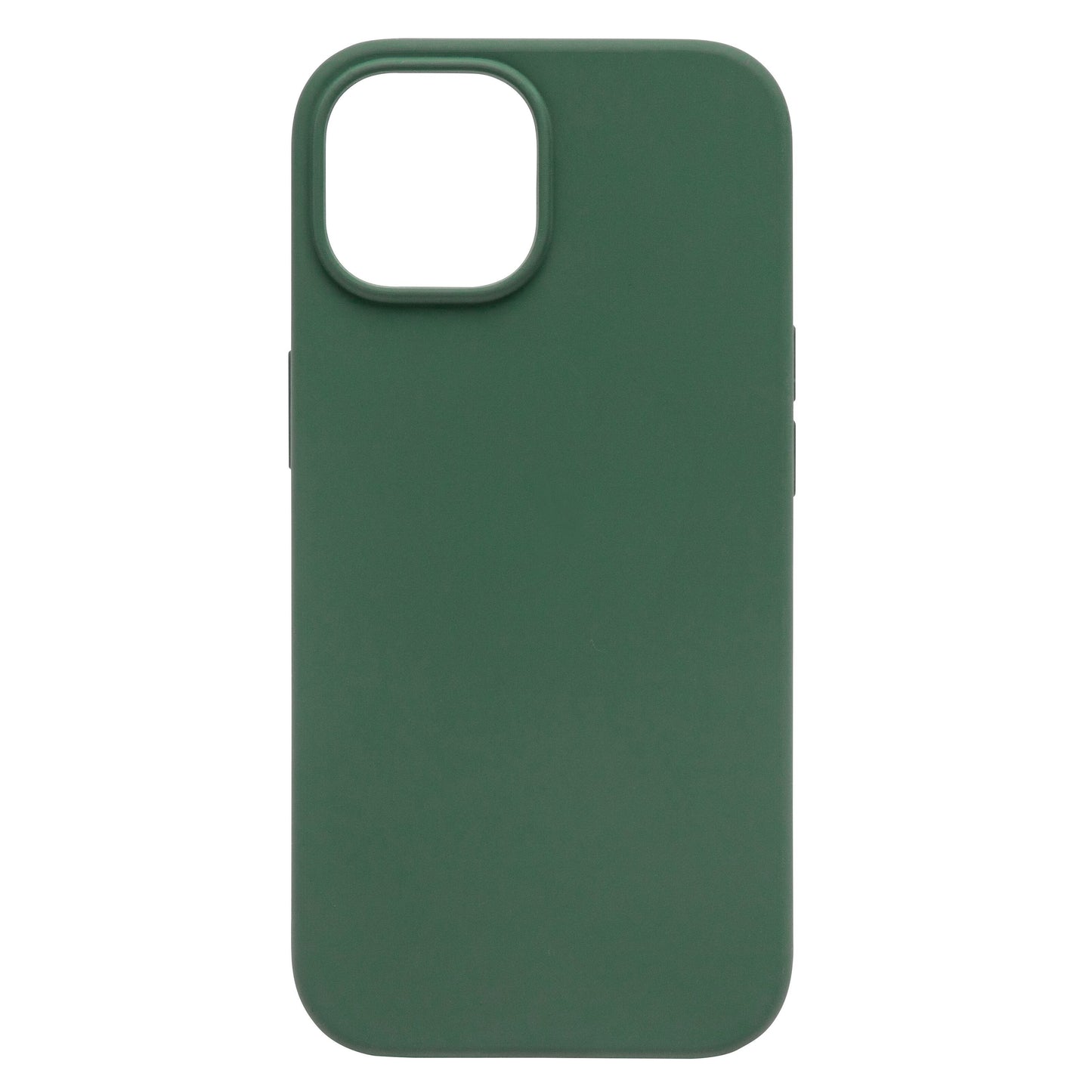 IPhone 15 silikonecover, mørkegrøn, antibakteriel overflade, kamerahul øverst til venstre.