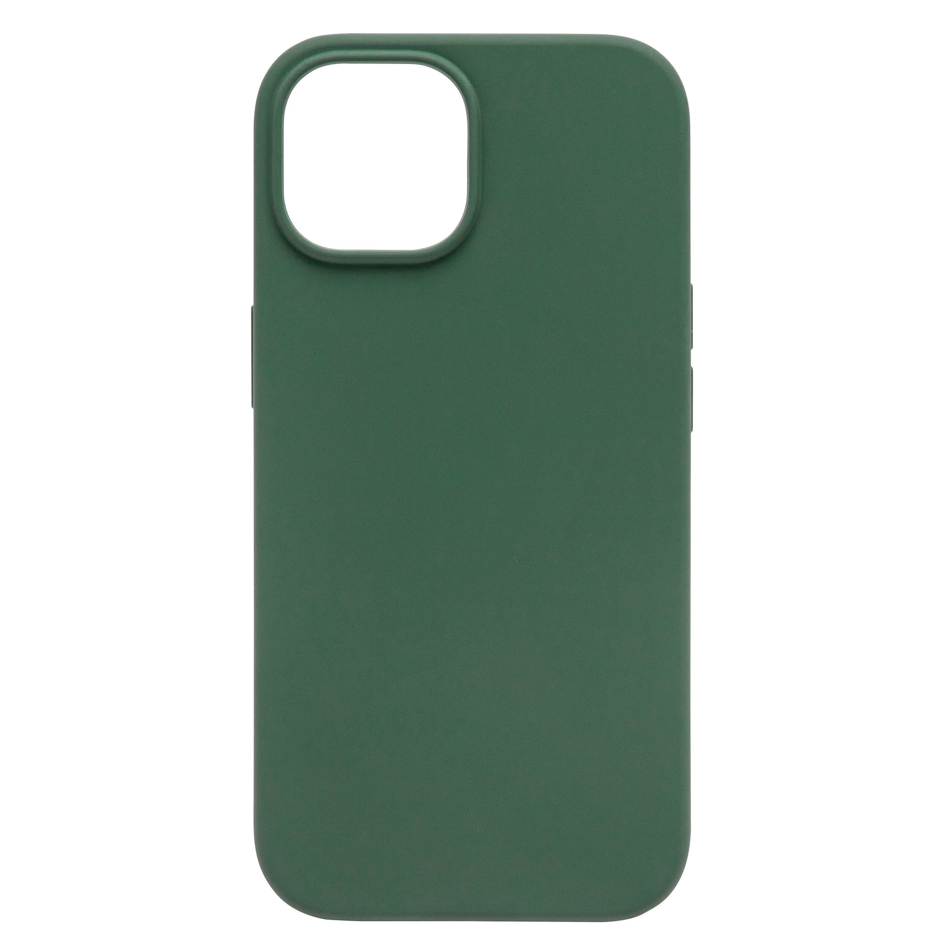 IPhone 15 silikonecover, mørkegrøn, antibakteriel overflade, kamerahul øverst til venstre.