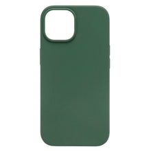 IPhone 15 silikonecover, mørkegrøn, antibakteriel overflade, kamerahul øverst til venstre.