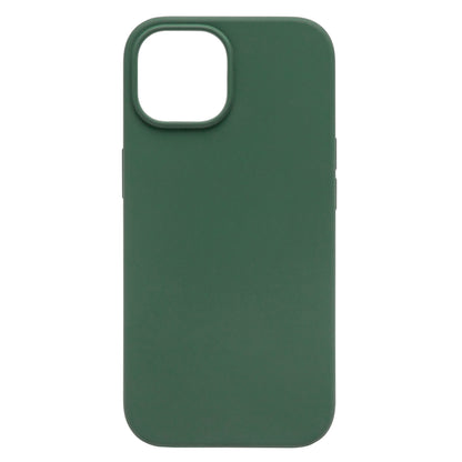 IPhone 15 silikonecover, mørkegrøn, antibakteriel overflade, kamerahul øverst til venstre.