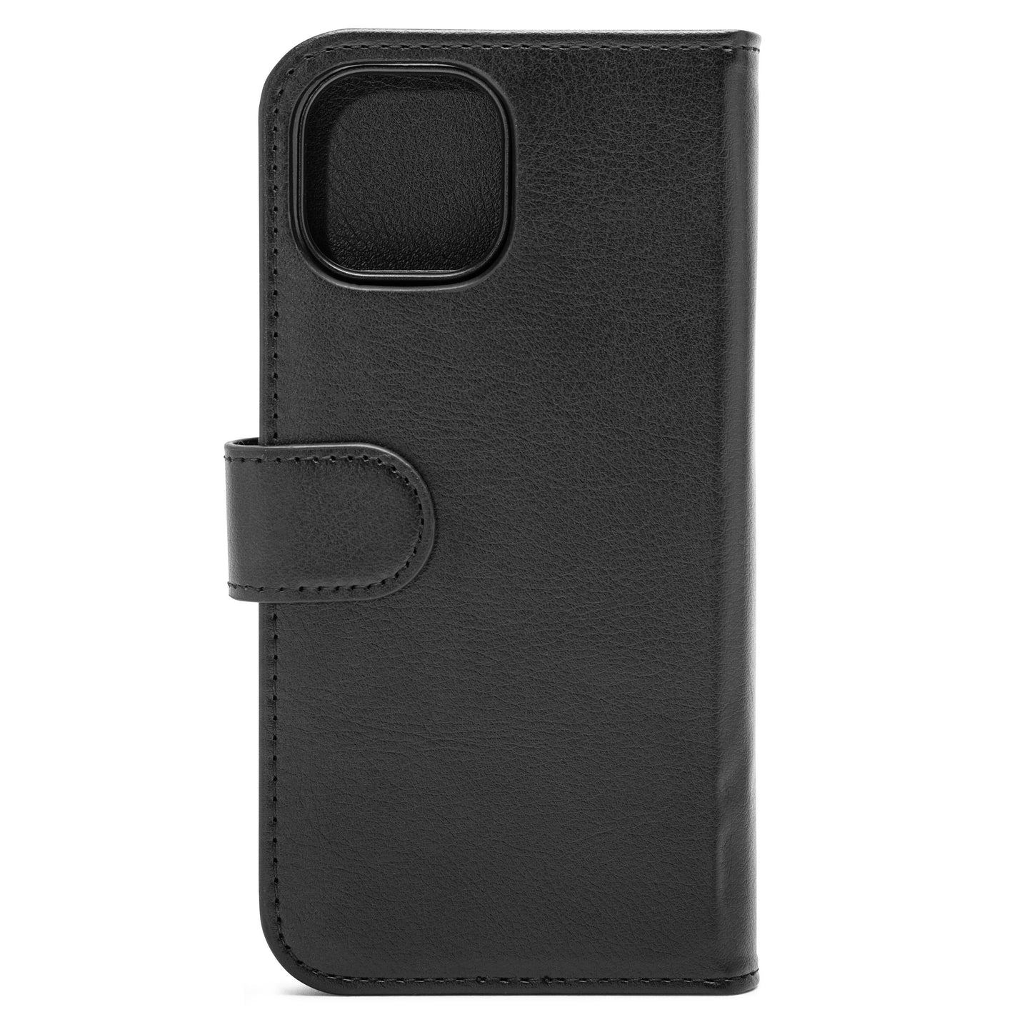 Sort lædercover til iPhone 15 med trykknaplukning, kamerahul øverst til venstre og synlige kantstikninger.