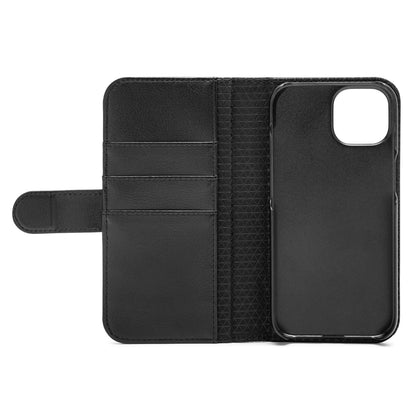 Linocell mobilpung til iPhone 15 sort læder, kortlommer venstre, cover højre, magnetlukning, tekstureret inderside.
