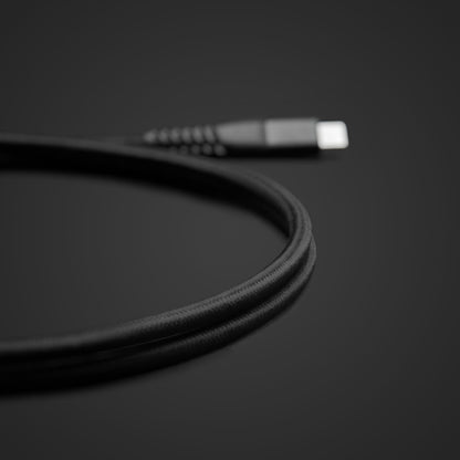 Linocell Premium Kevlar USB-C 3.2 kabel sort 1m, rullet sammen, synlig USB-C stik med Power Delivery 100W.