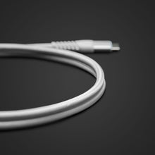 Linocell Premium Kevlar USB-C 3.2 kabel, hvid, 1 meter, ses løst oprullet.