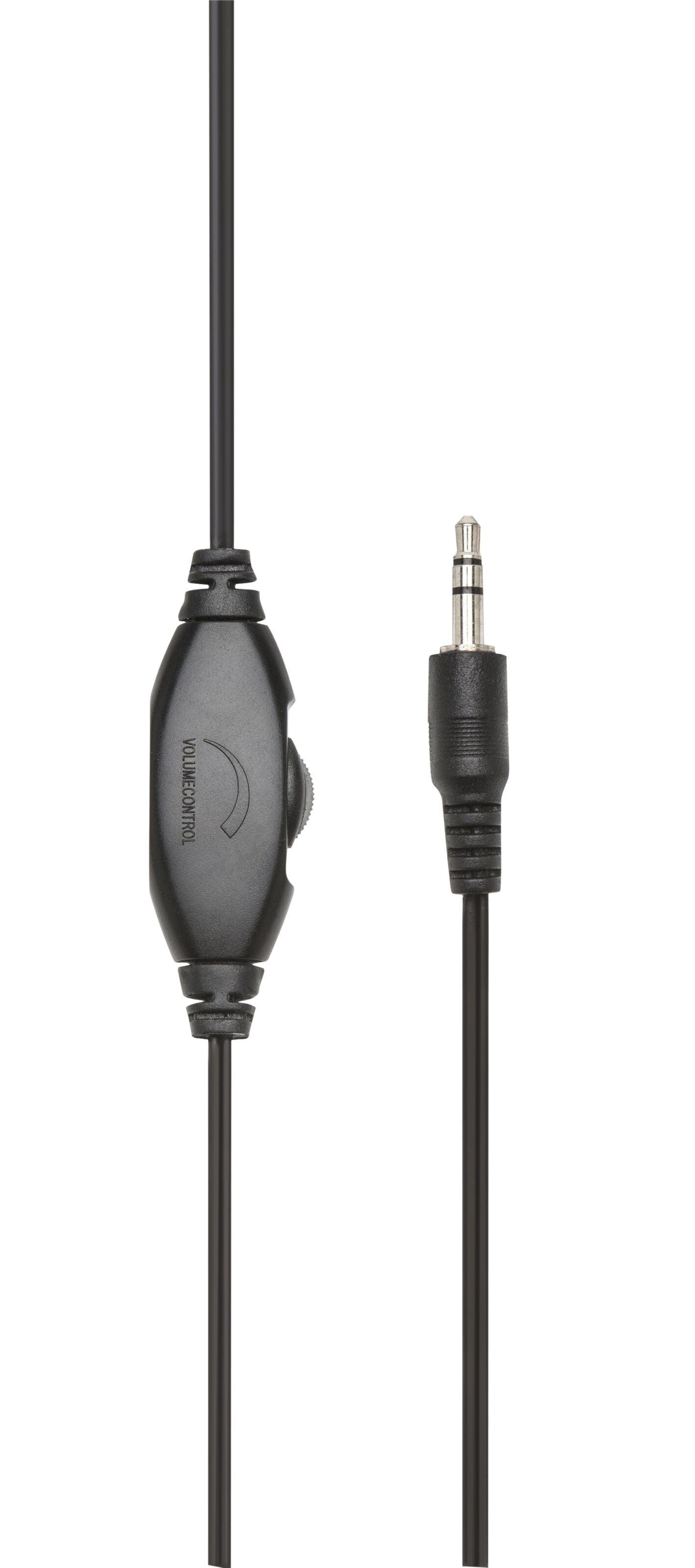 Deltaco bøjlehovedtelefoner med sort audiokabel, inline lydstyrkekontrol og 3,5 mm jackstik.