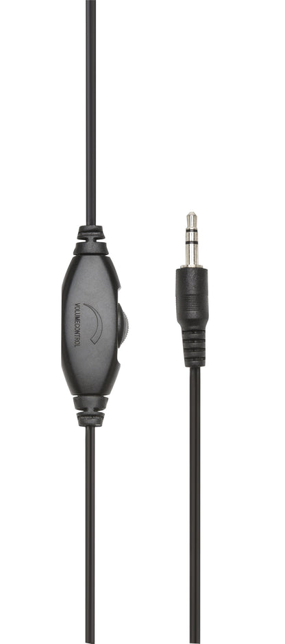 Deltaco bøjlehovedtelefoner med sort audiokabel, inline lydstyrkekontrol og 3,5 mm jackstik.