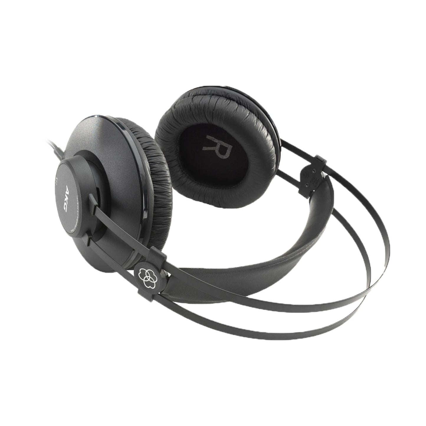 AKG K52 hovedtelefoner lukkede polstrede læderørekopper justerbar bøjle R-mærke på højre side.