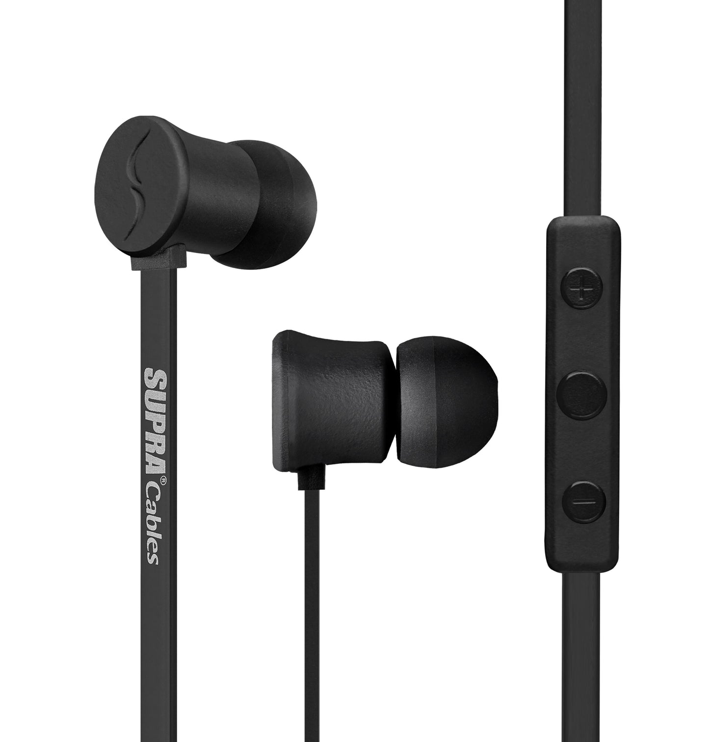 Supra Nero in-ear headset, sorte ledningsøretelefoner med flade kabler, inline knapper, 3,5 mm jack, SUPRA Cables logo.