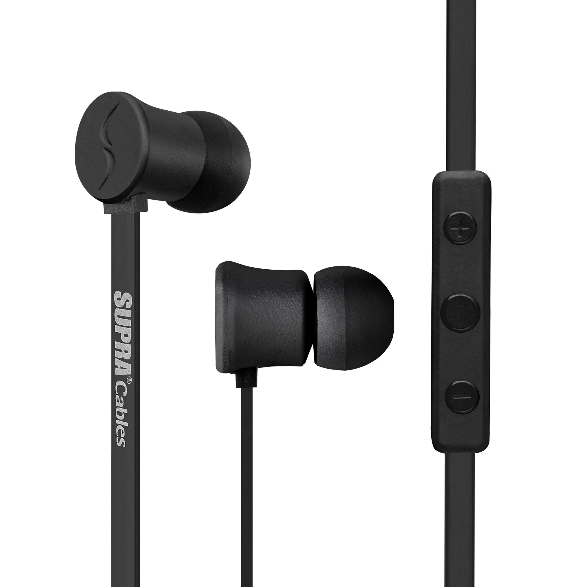 Supra Nero in-ear headset, sorte ledningsøretelefoner med flade kabler, inline knapper, 3,5 mm jack, SUPRA Cables logo.
