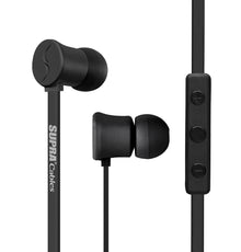 Supra Nero in-ear headset, sorte ledningsøretelefoner med flade kabler, inline knapper, 3,5 mm jack, SUPRA Cables logo.