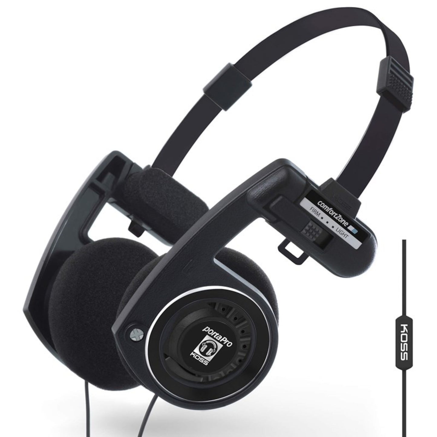 Koss Porta Pro 3.0 on-ear høretelefoner sort, skumpuder, justerbar metalbøjle, synligt kabel, lodret Koss logo.