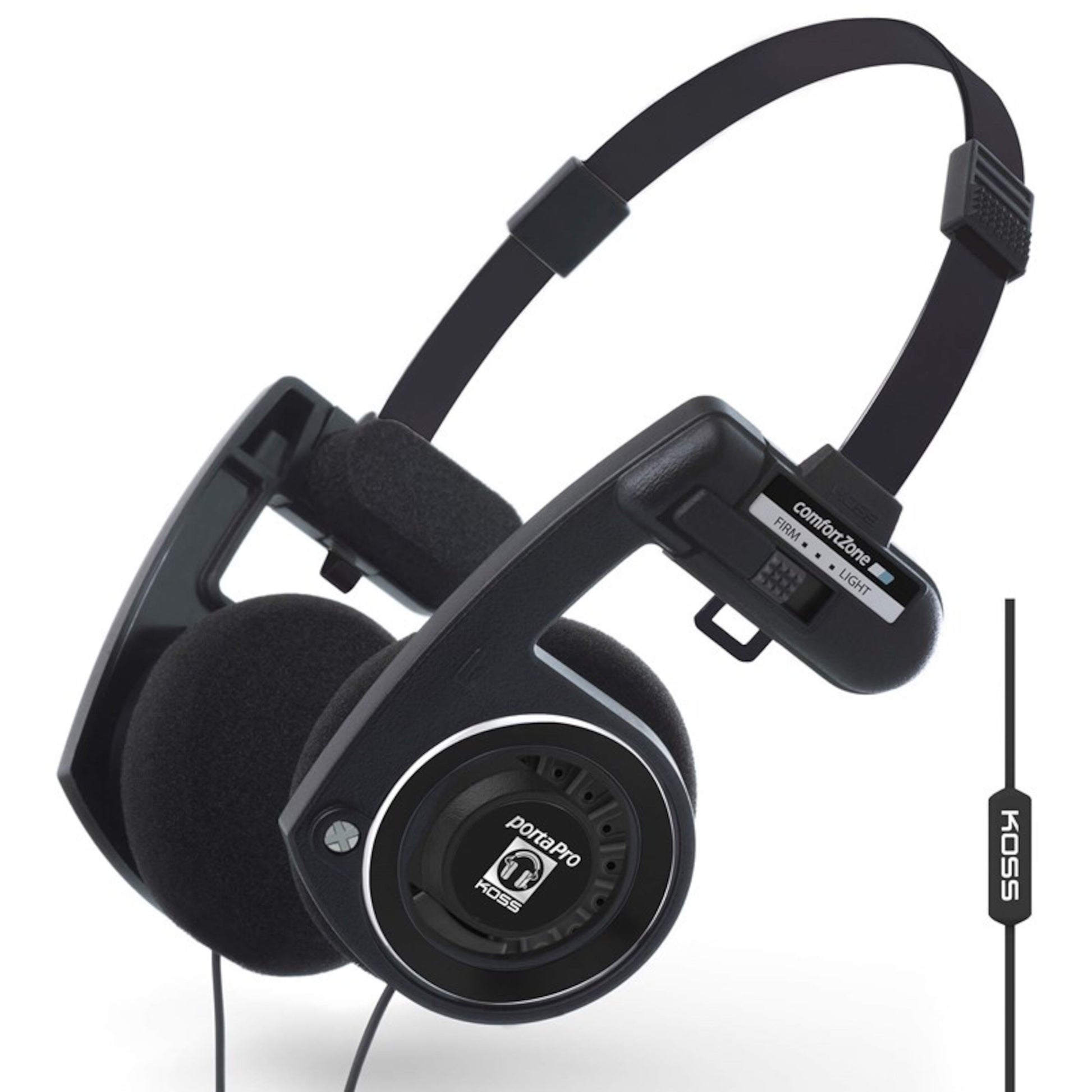 Koss Porta Pro 3.0 on-ear høretelefoner sort, skumpuder, justerbar metalbøjle, synligt kabel, lodret Koss logo.
