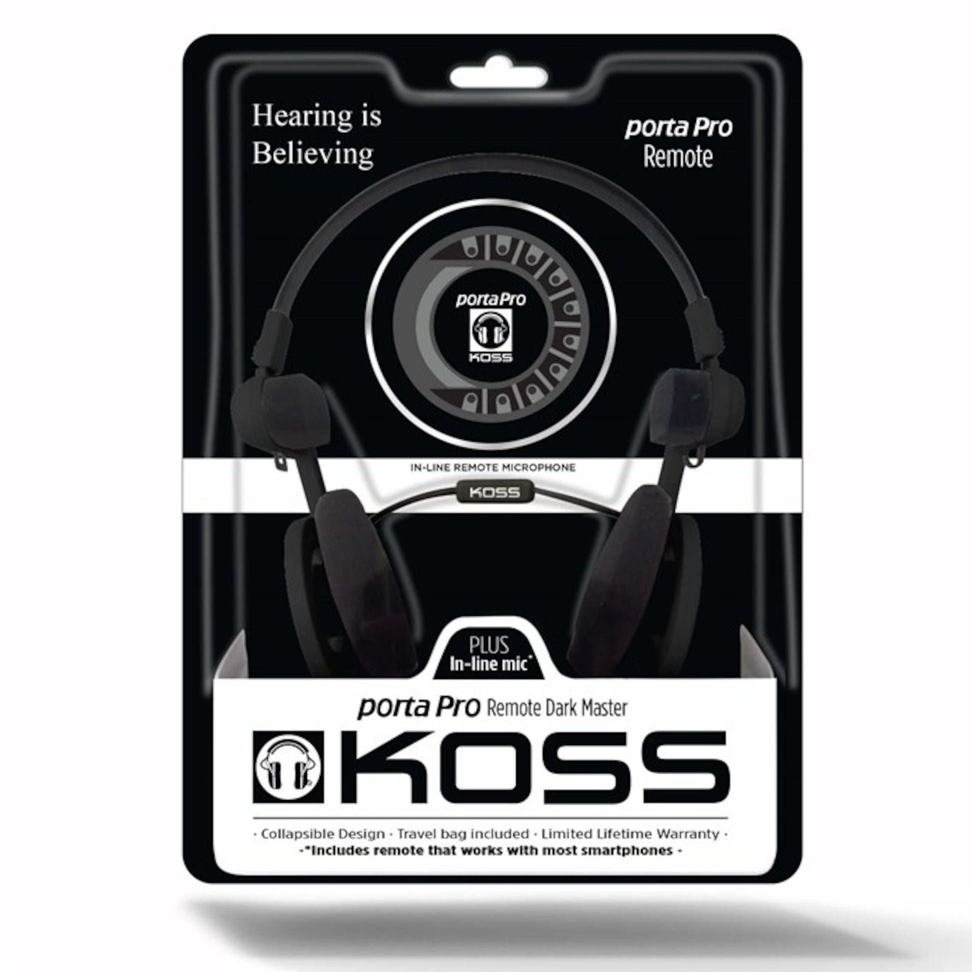 Koss Porta Pro 3.0 on-ear headset sort med mikrofon, sammenklappeligt design, rejsetaske og retail-emballage.