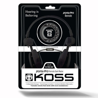 Koss Porta Pro 3.0 on-ear headset sort med mikrofon, sammenklappeligt design, rejsetaske og retail-emballage.