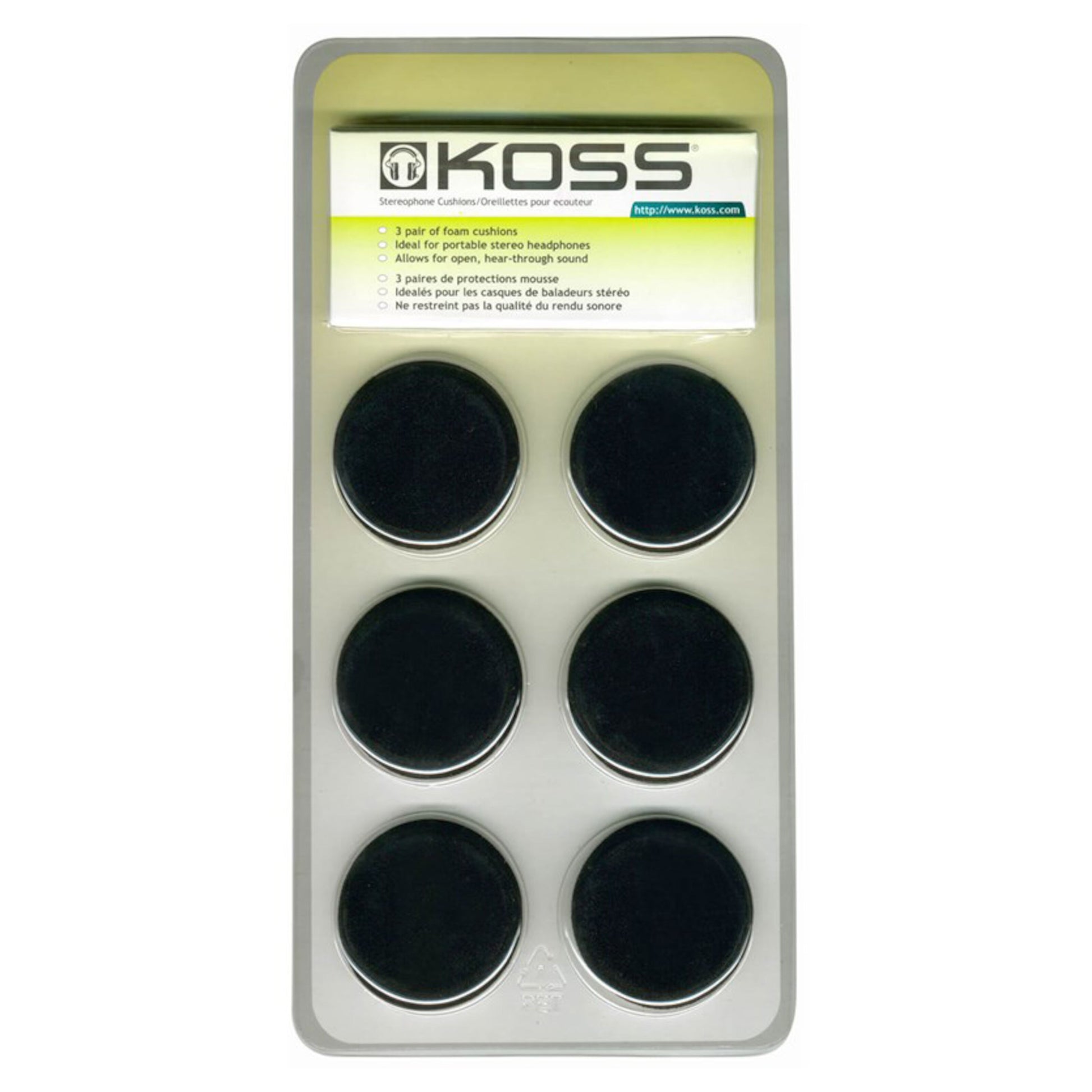 Koss Porta Pro Extra hovedtelefonpuder, sort skum, 3 par i klar plastikpakke med Koss-logo, til Koss stereo-hovedtelefoner.