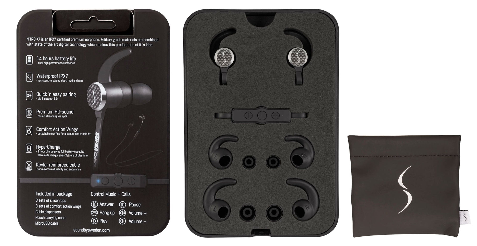 Supra Nitro-X2 trådløse hovedtelefoner sort med ørebøjler, ekstra ørepropper, opladeetui, bærepose, Bluetooth 5.0.