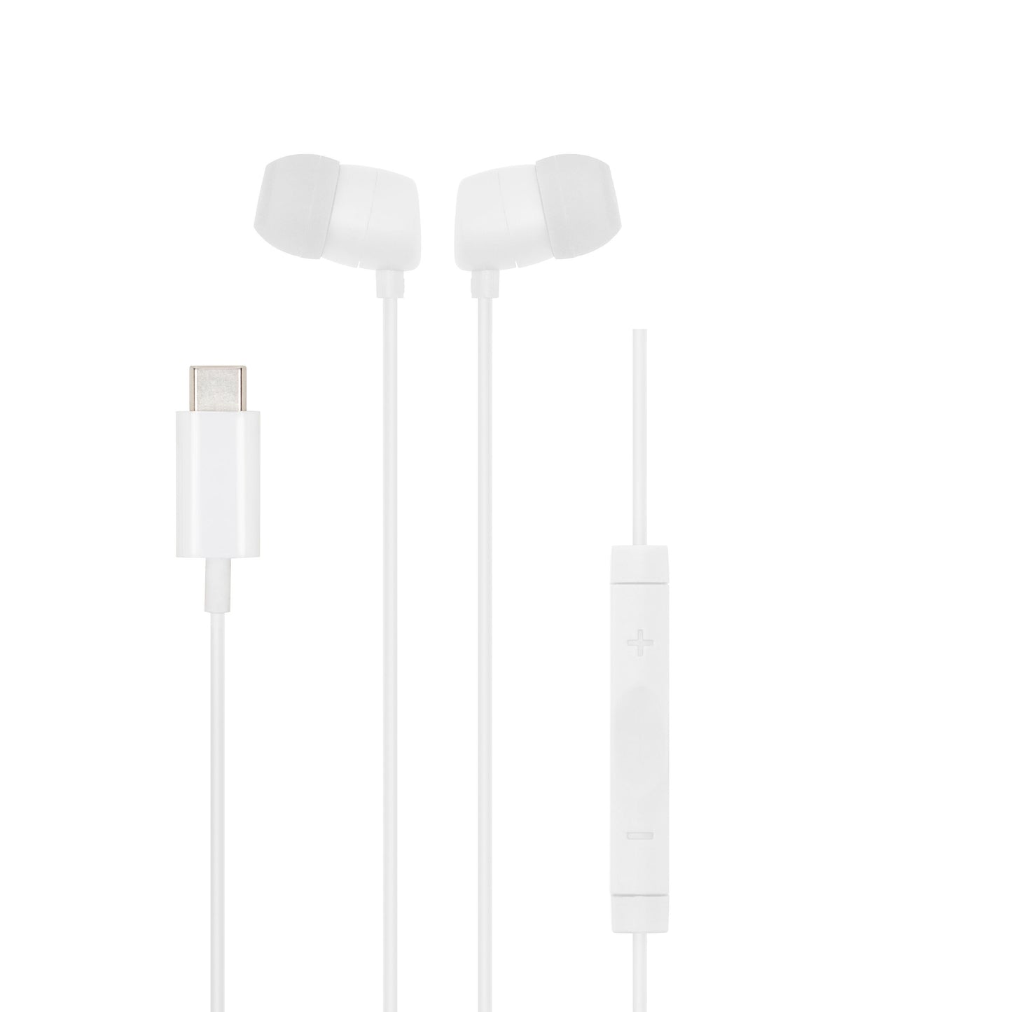 Linocell Bullets USB-C in-ear hovedtelefoner hvid med ledning, inline fjernbetjening og volumenkontrol.