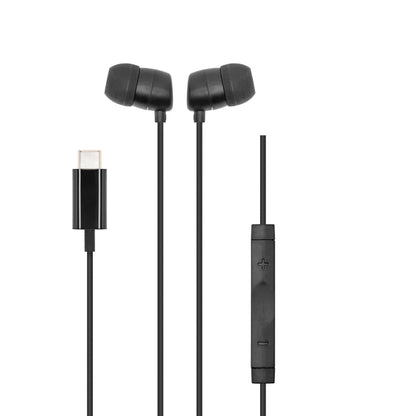 Linocell Bullets USB-C hovedtelefoner sort, silikonepropper, in-line fjernbetjening med volumeknapper, kraftig bas, klar lyd.