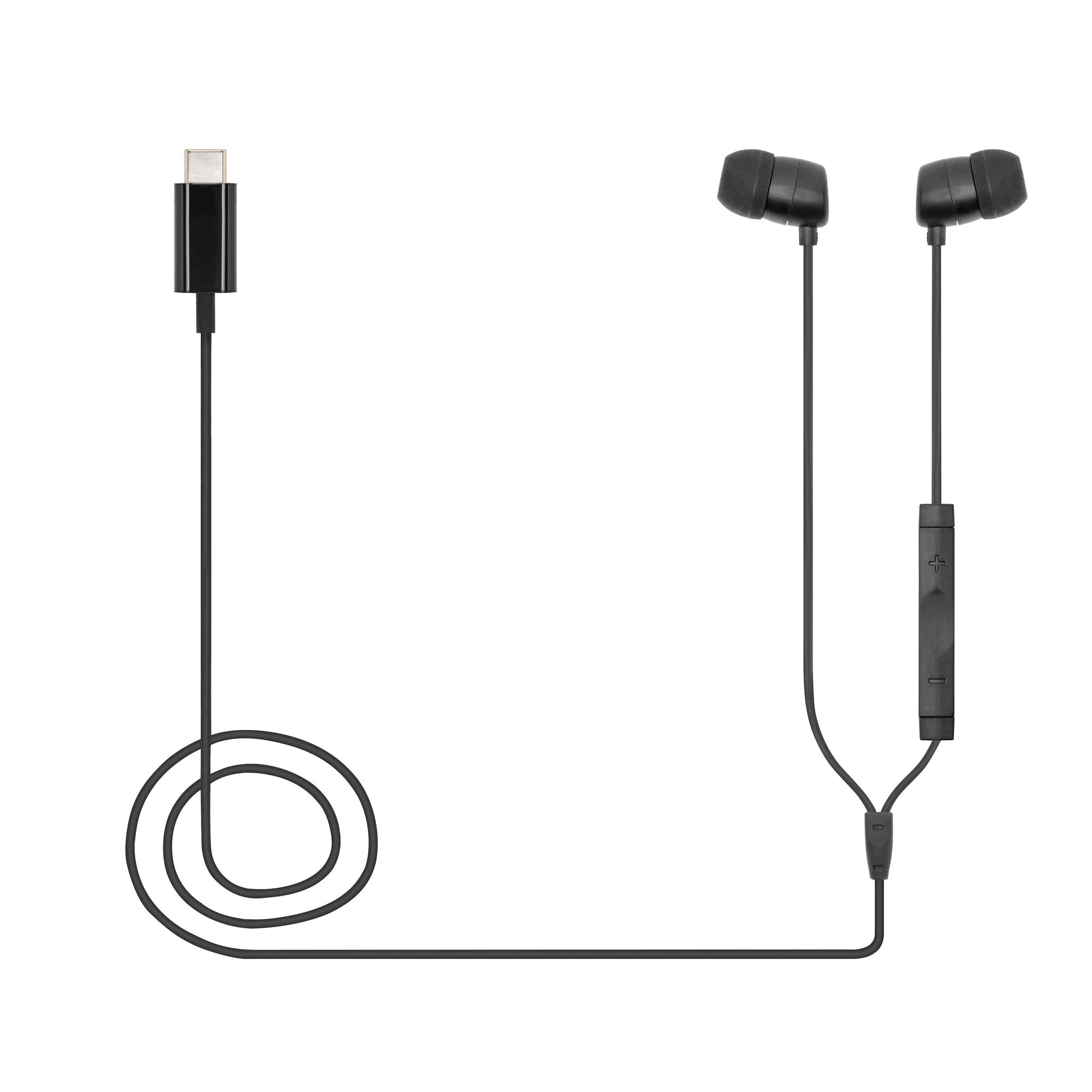 Linocell Bullets USB-C in-ear hovedtelefoner, sort, inline fjernbetjening og delvist oprullet kabel.