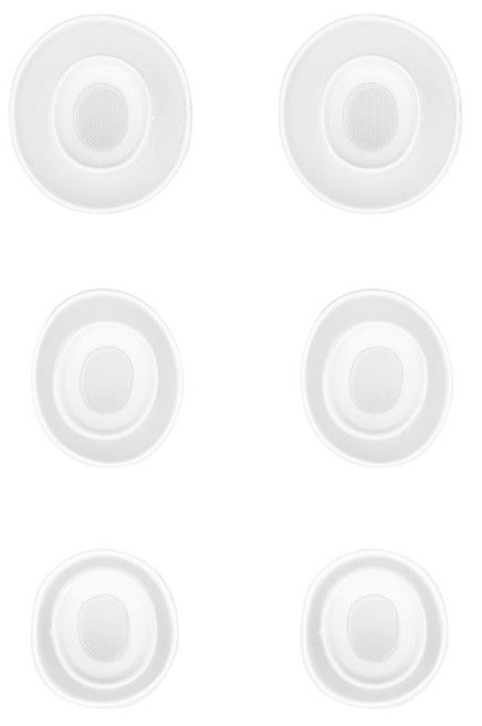 6 hvide Linocell ørepropper til Airpods Pro Gen 1/2/3, runde silikone med net i midten, vises i to kolonner.