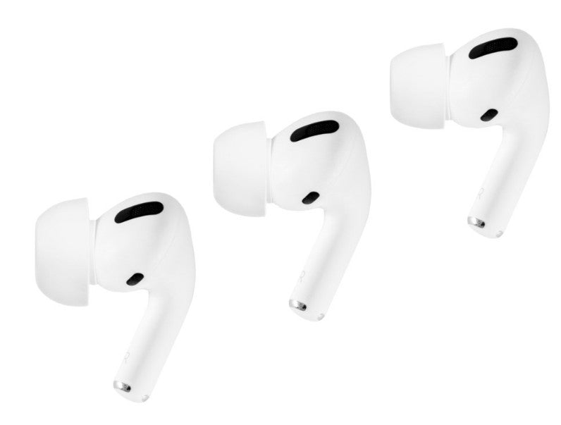 Linocell ørepropper til AirPods Pro Gen 1, 2, 3 hvide, tre stk arrangeret diagonalt med synlig pasform.