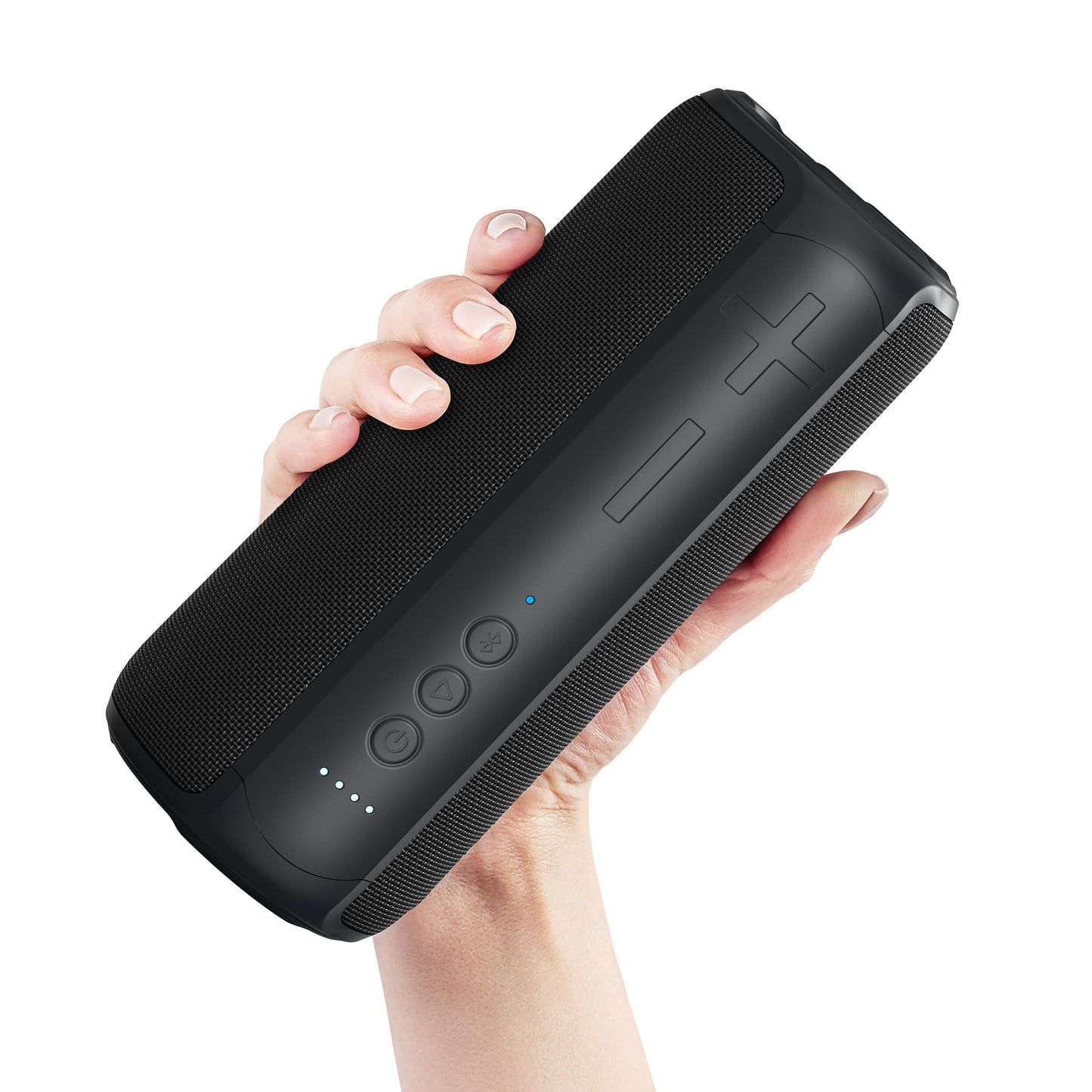 Nomadelic Loud 707 sort trådløs højttaler med stofgitter, kontrolknapper, LED-indikatorer, volumenstyring, Bluetooth 5.0, IPX7.