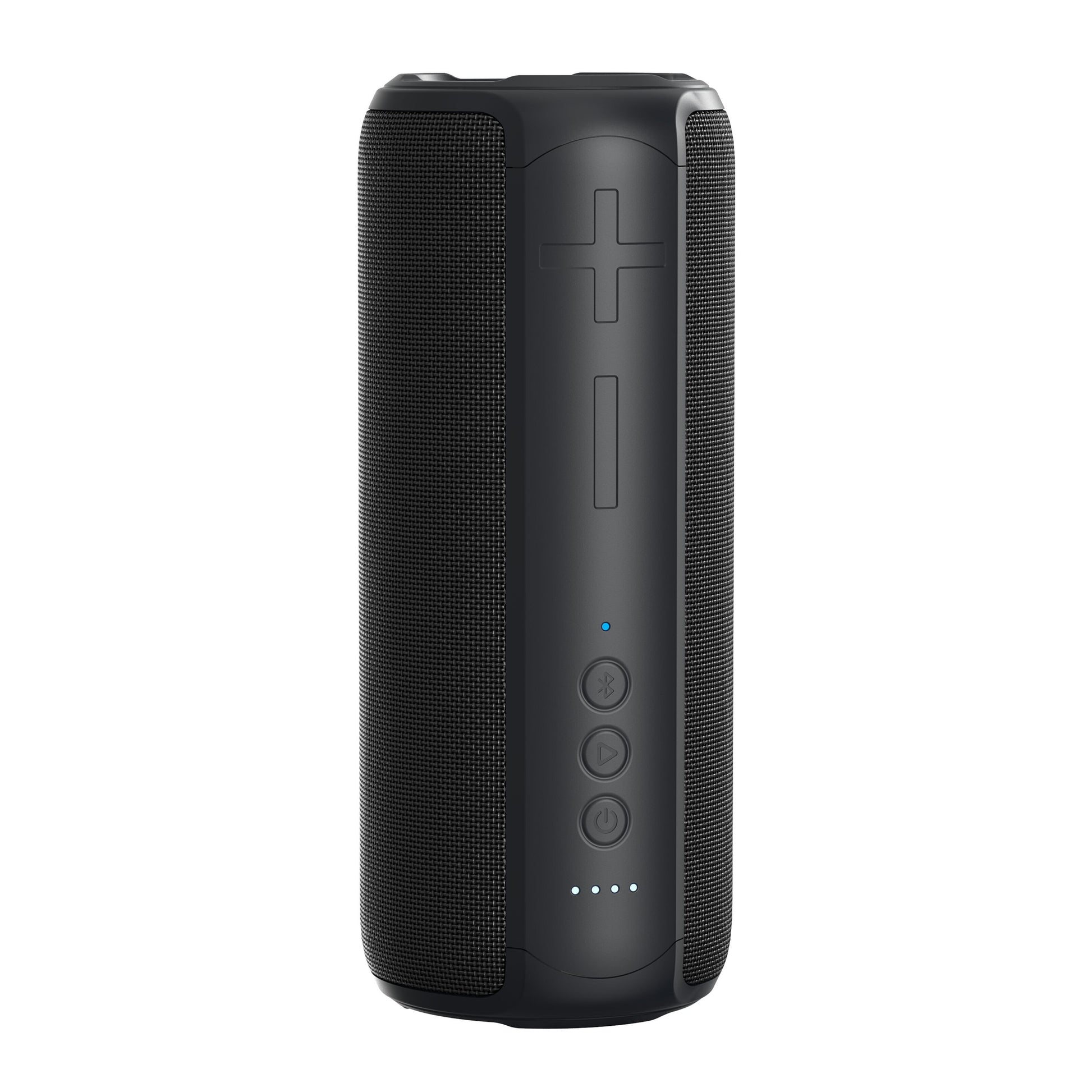 Nomadelic Loud 707 trådløs højttaler sort, cylindrisk, Bluetooth 5.0, frontknapper, tekstureret gitter, IPX7, LED i bunden.