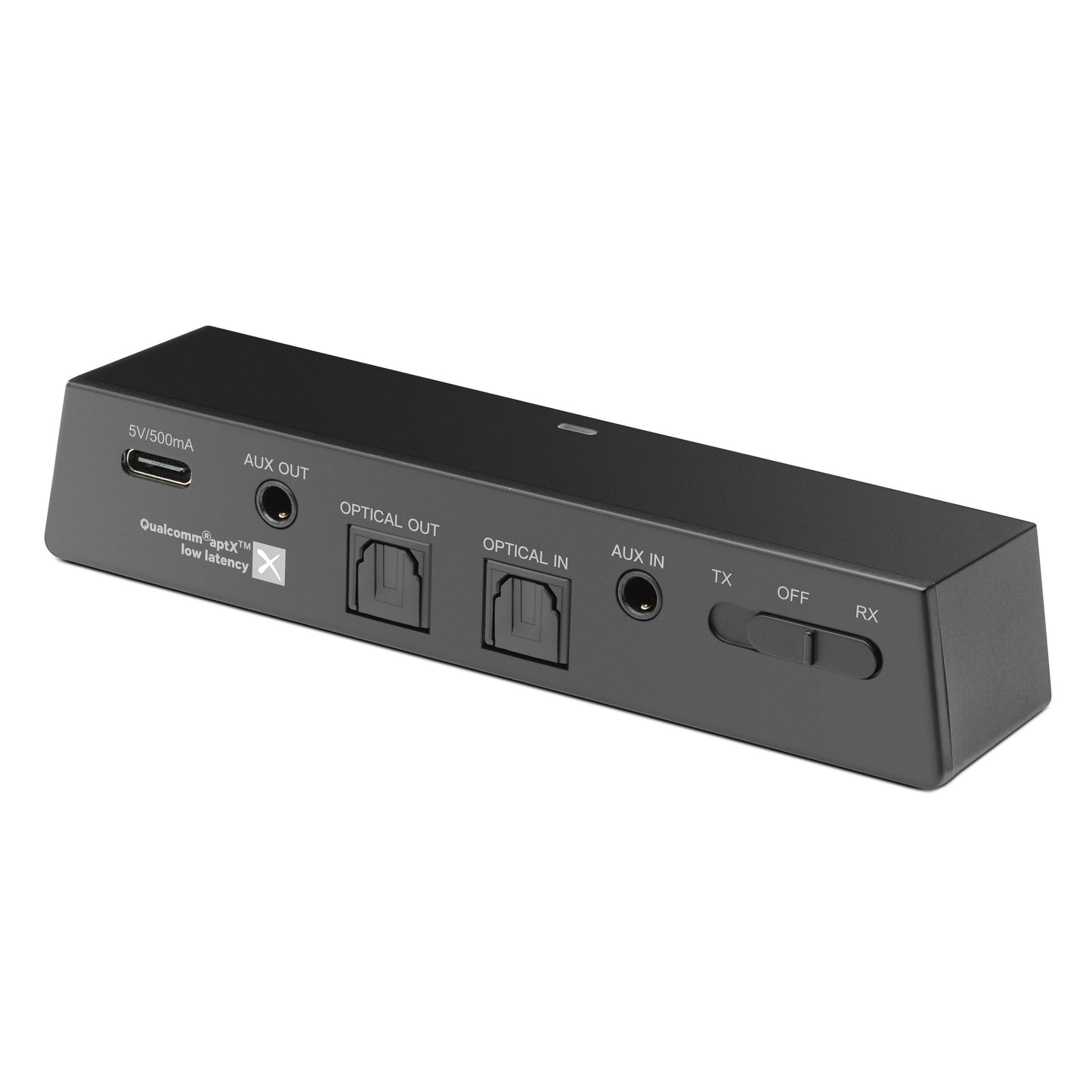 Nikabe Bluetooth 5.0 HiFi musik modtager sort transceiver med AUX OUT, OPTICAL OUT/IN, AUX IN, USB strøm og TX/OFF/RX-knap.