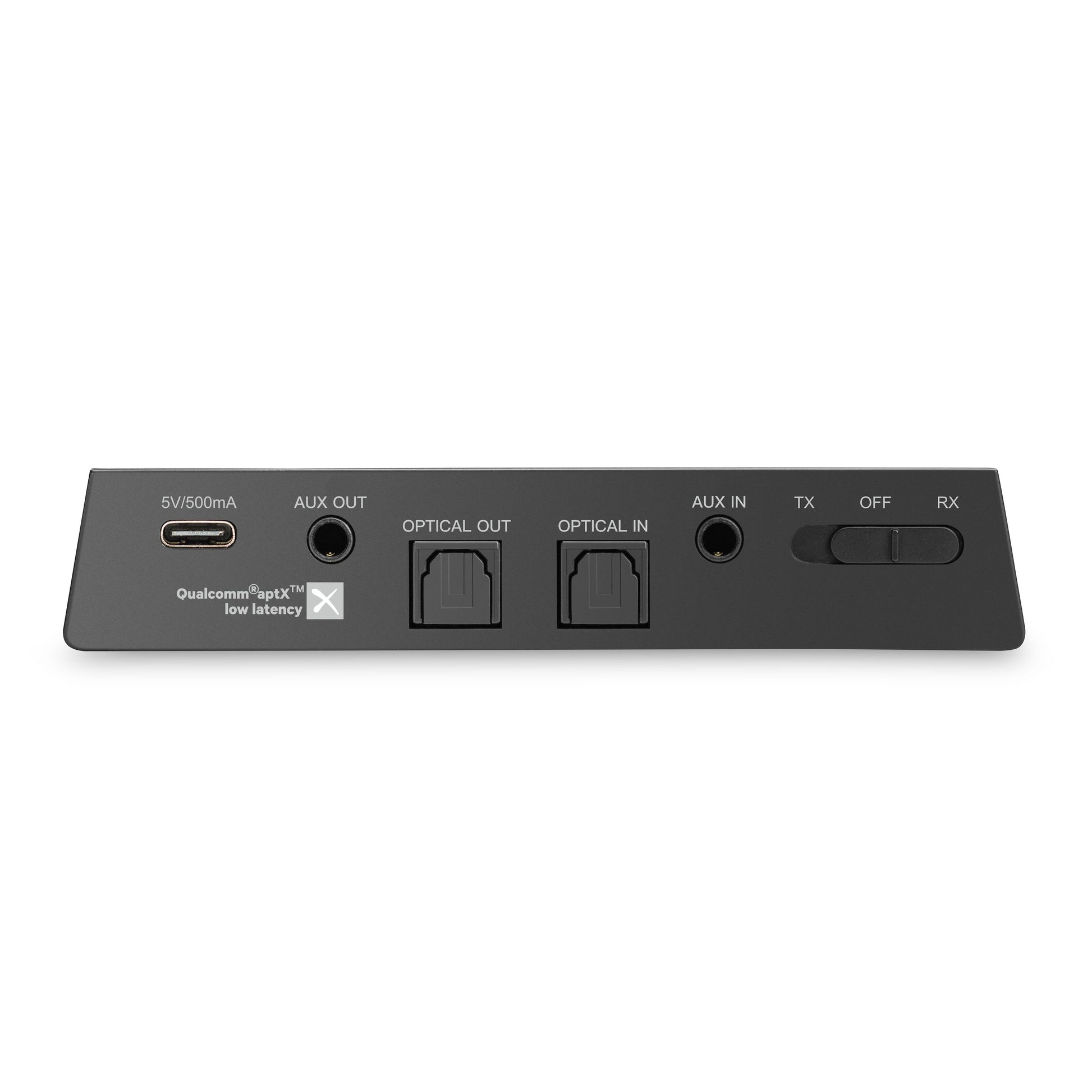 Nikabe Bluetooth 5.0 HiFi musikmodtager bagfra med port til 5V strøm, AUX, optisk ind/ud, TX/OFF/RX-knap og aptX-logo.